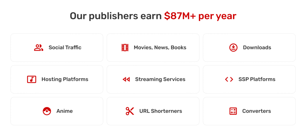 Adsterra accepted traffic types including websites, blogs, social traffic, streaming services, hosting platforms, download portals, URL shorteners, converters, anime sites, and SSP platforms.
