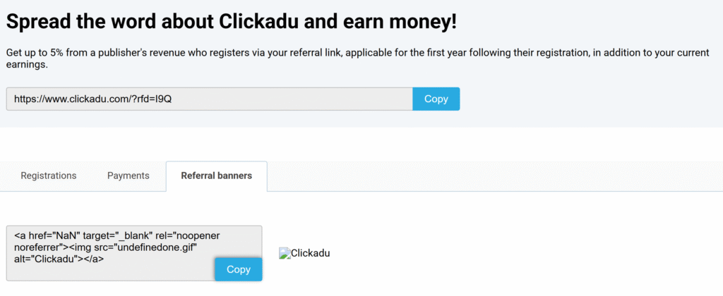 Clickadu refer and earn system