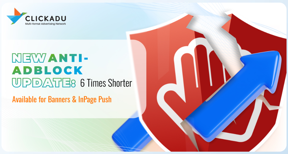 Clickadu ad formats including Popunder, Push, In-Page Push, Video, Banner and Skim ads
