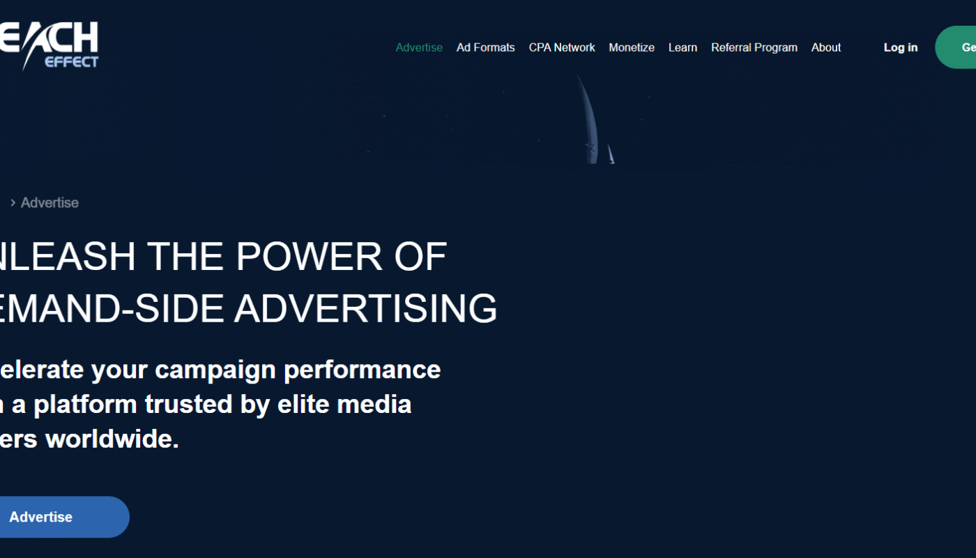 Reacheffect advertising network dashboard showcasing ad campaign features and global traffic reach.
