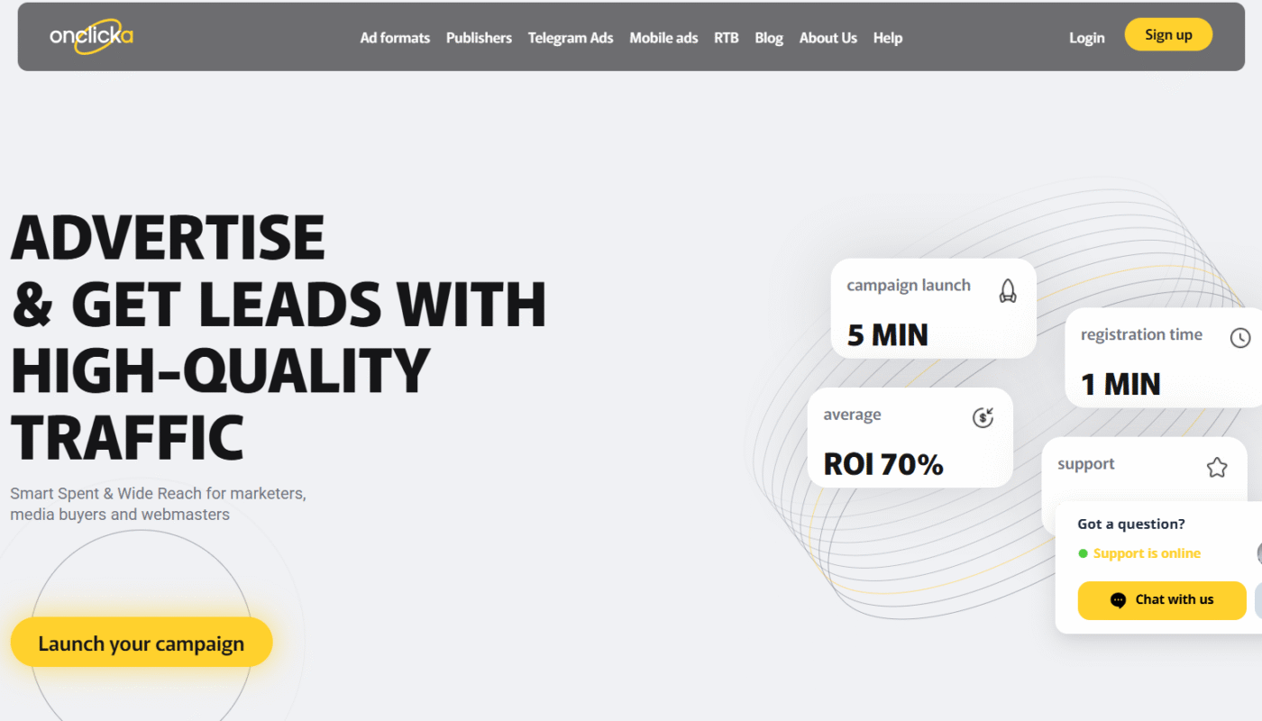 OnClickA advertising network dashboard showcasing ad formats, traffic stats, and campaign features.