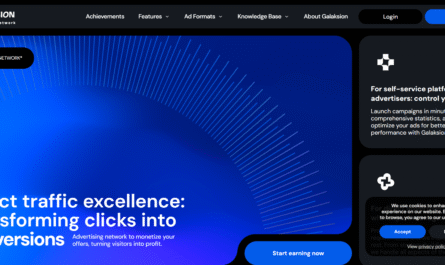 Galaksion ad network dashboard with features like CPA model, multiple ad formats, and direct publisher traffic.