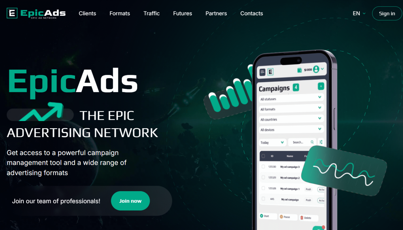 EpicAds Review 2025 dashboard showing ad formats, features, payments, and spy tool options for advertisers and publishers.