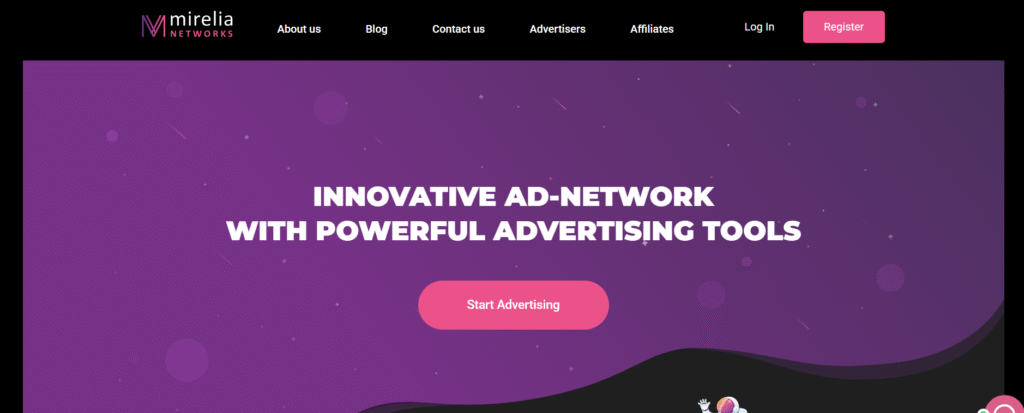 Mirelia Networks dashboard showcasing premium dating traffic sources and ad formats for affiliates and advertisers