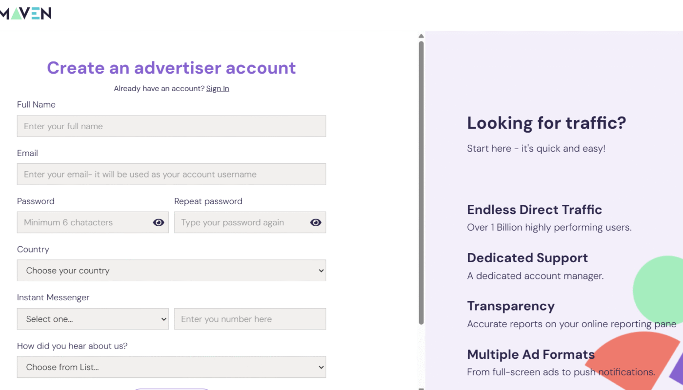 AdMaven dashboard showing campaign setup, targeting, and optimization tools for push and popunder ad campaigns