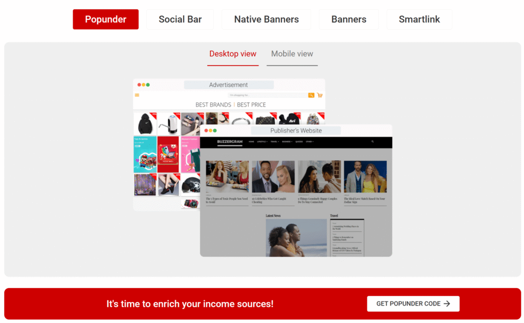 Adsterra popunder ad format example desktop view best CPM CPC ad network for publishers