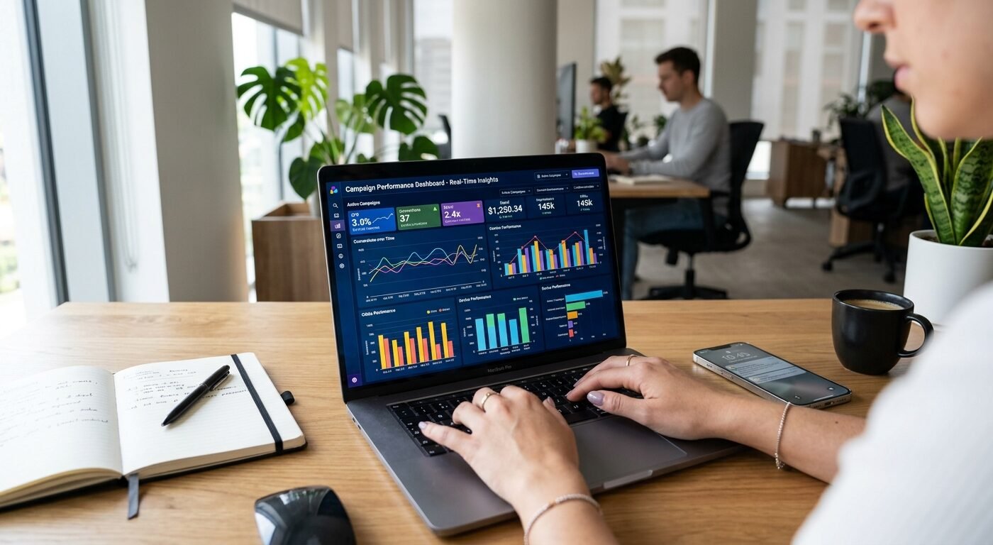 Photorealistic shot of a modern desk workspace showing a laptop displaying a digital advertising dashboard with real-tim