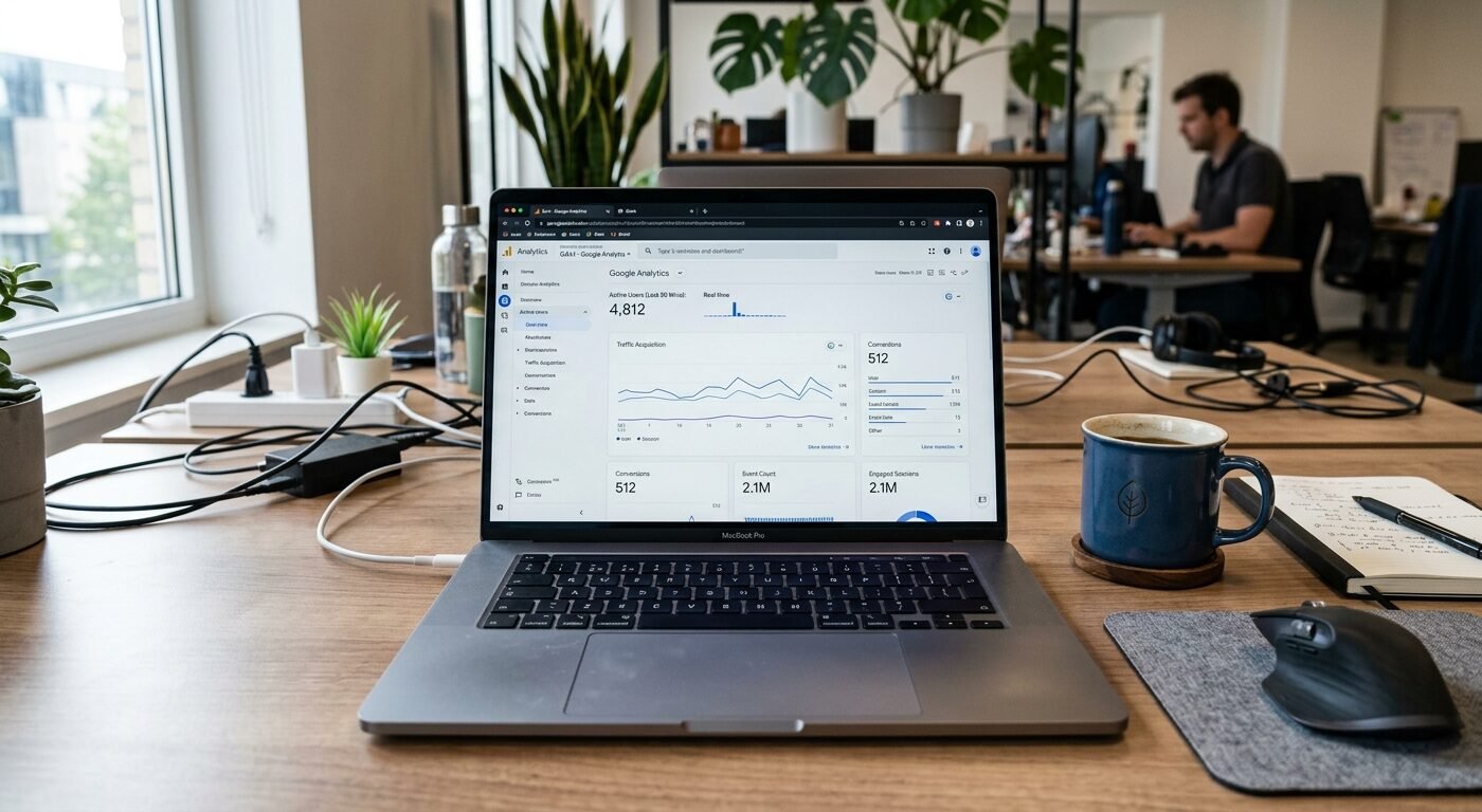 Photorealistic shot of a desktop workspace showing an open laptop displaying Google Analytics 4 dashboard with traffic g