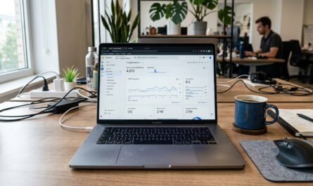 Photorealistic shot of a desktop workspace showing an open laptop displaying Google Analytics 4 dashboard with traffic g