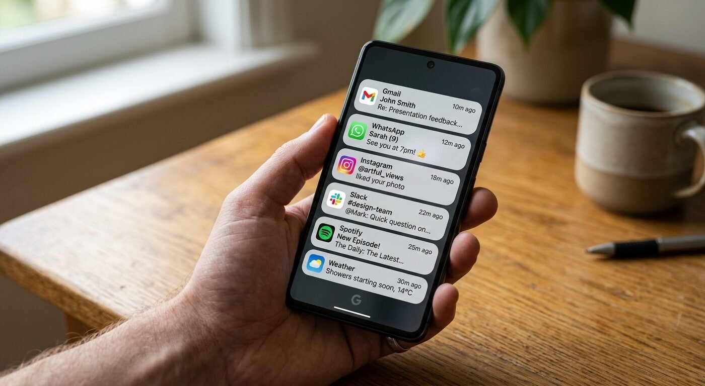Photorealistic close-up of a smartphone screen displaying multiple push notification alerts stacked vertically, natural