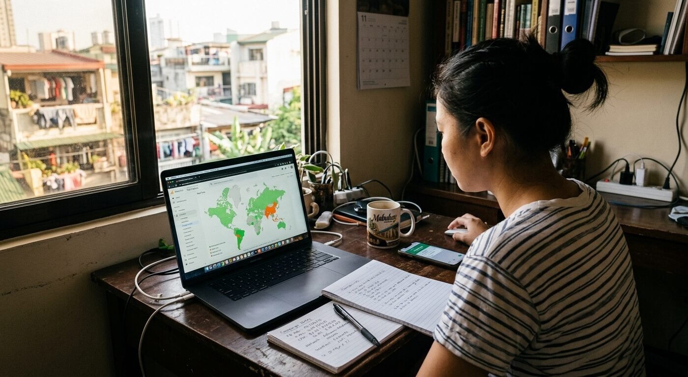 A photorealistic wide shot of a home office desk in a modest apartment in Mumbai or Manila, warm natural afternoon light