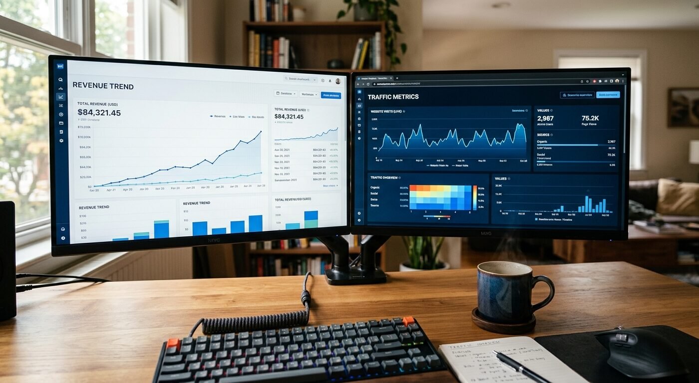 Photorealistic close-up of a desktop workspace with dual monitors displaying live analytics dashboards showing revenue g