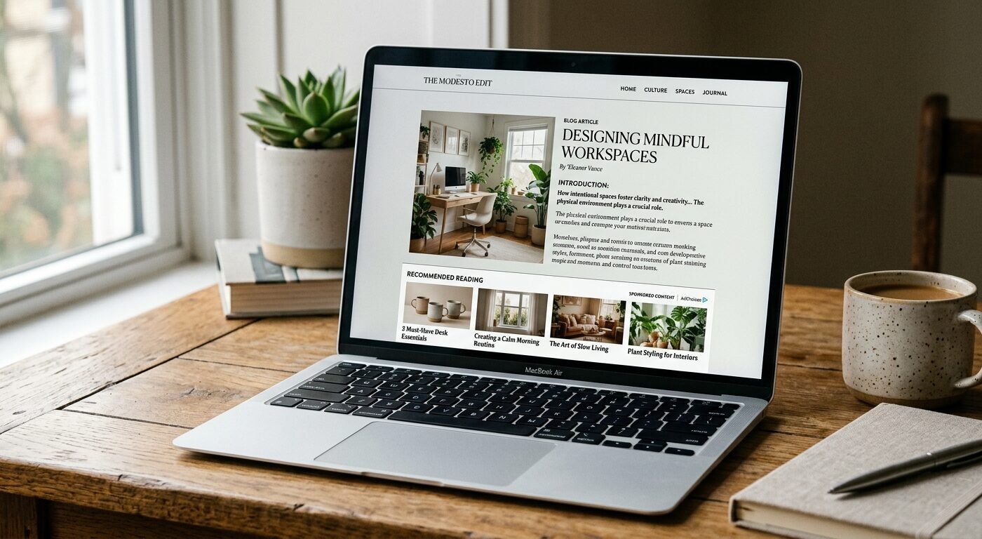 Photorealistic close-up of a laptop screen displaying a clean, modern blog article layout with a subtle native ad conten