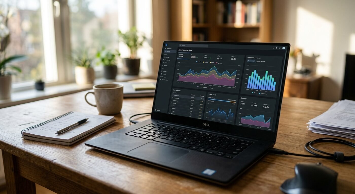 Photorealistic shot of a laptop on a wooden desk displaying Ezoic dashboard analytics and graph charts, natural afternoo
