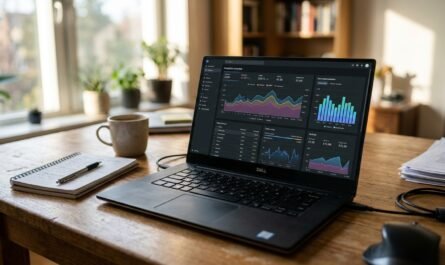 Photorealistic shot of a laptop on a wooden desk displaying Ezoic dashboard analytics and graph charts, natural afternoo