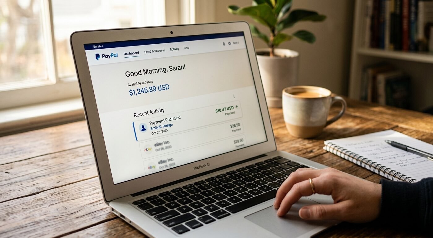 Close-up shot of a laptop screen displaying a PayPal dashboard with a recent $10.47 payment notification visible, warm n