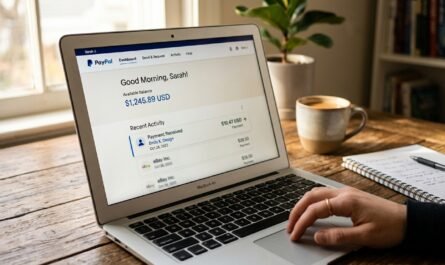 Close-up shot of a laptop screen displaying a PayPal dashboard with a recent $10.47 payment notification visible, warm n