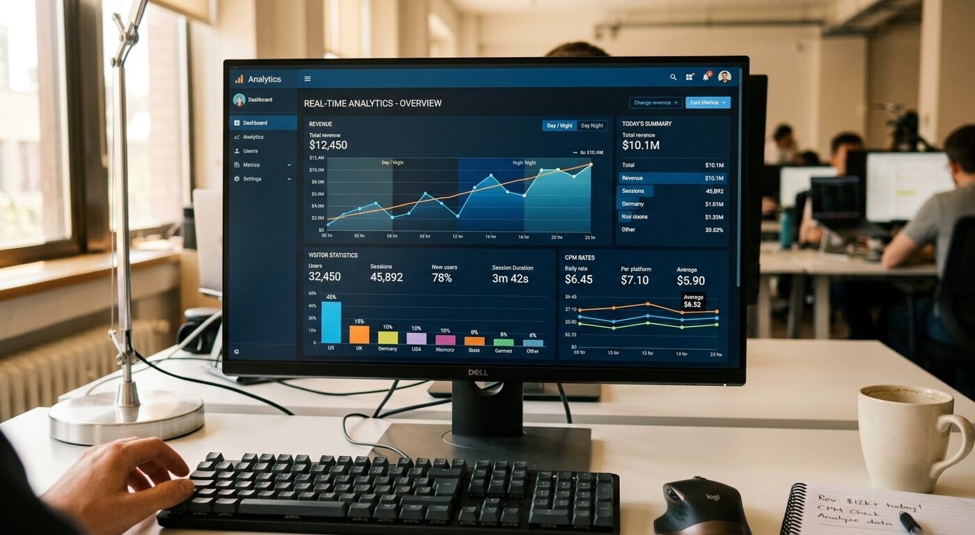 Photorealistic close-up of a desktop computer screen displaying real-time analytics dashboard showing CPM rates, visitor
