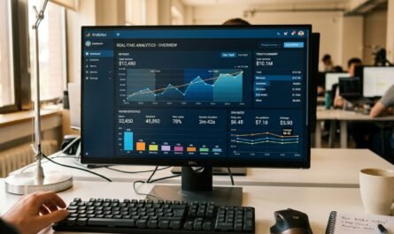 Photorealistic close-up of a desktop computer screen displaying real-time analytics dashboard showing CPM rates, visitor