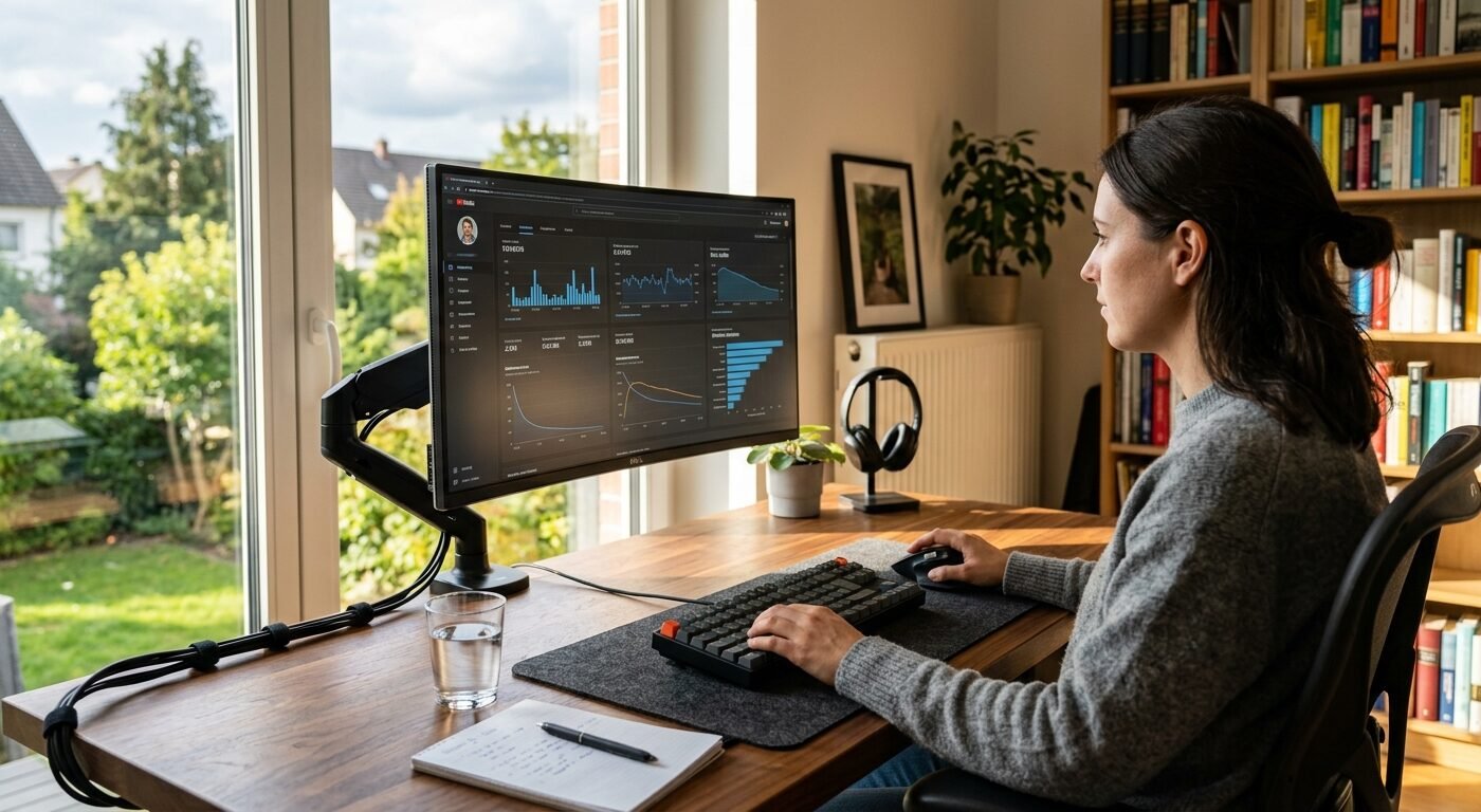 Photorealistic shot of a modern home office setup with a high-resolution monitor displaying video streaming analytics da