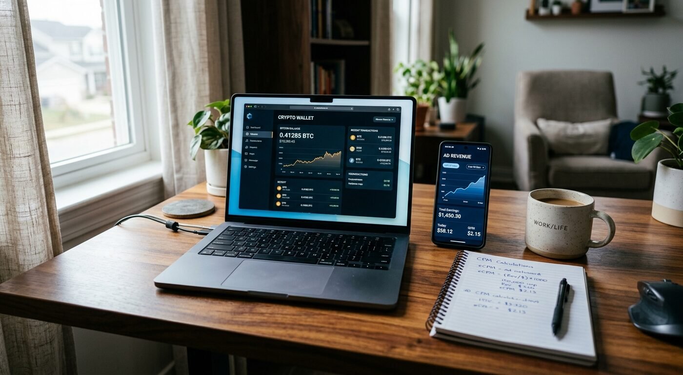 Photorealistic image of a modern home office desk with an open laptop displaying a cryptocurrency wallet interface with