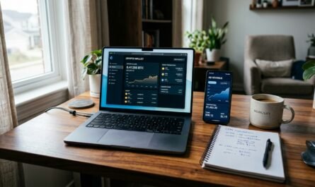 Photorealistic image of a modern home office desk with an open laptop displaying a cryptocurrency wallet interface with