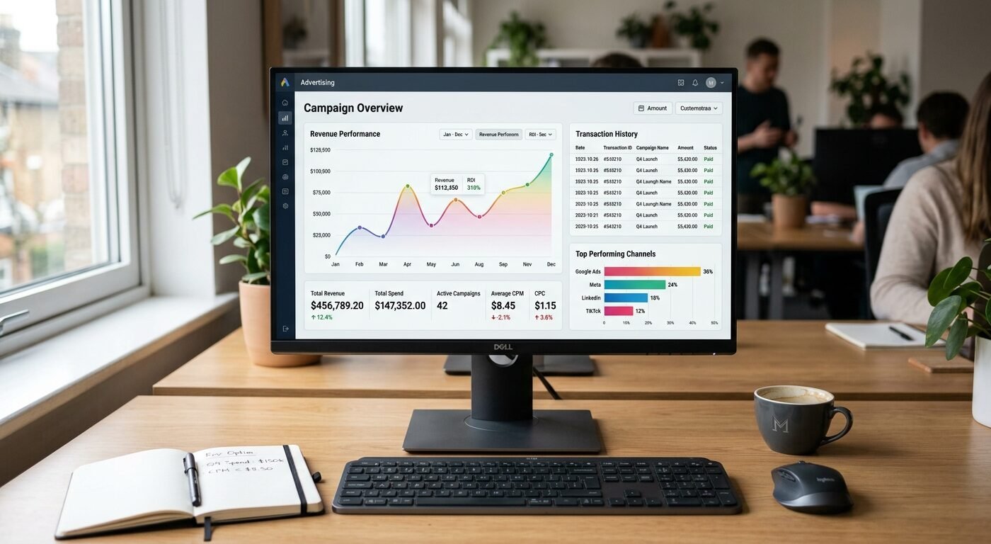 Photorealistic close-up of a modern desktop computer screen displaying a detailed advertising dashboard with revenue gra