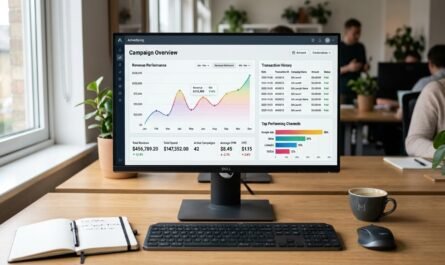 Photorealistic close-up of a modern desktop computer screen displaying a detailed advertising dashboard with revenue gra