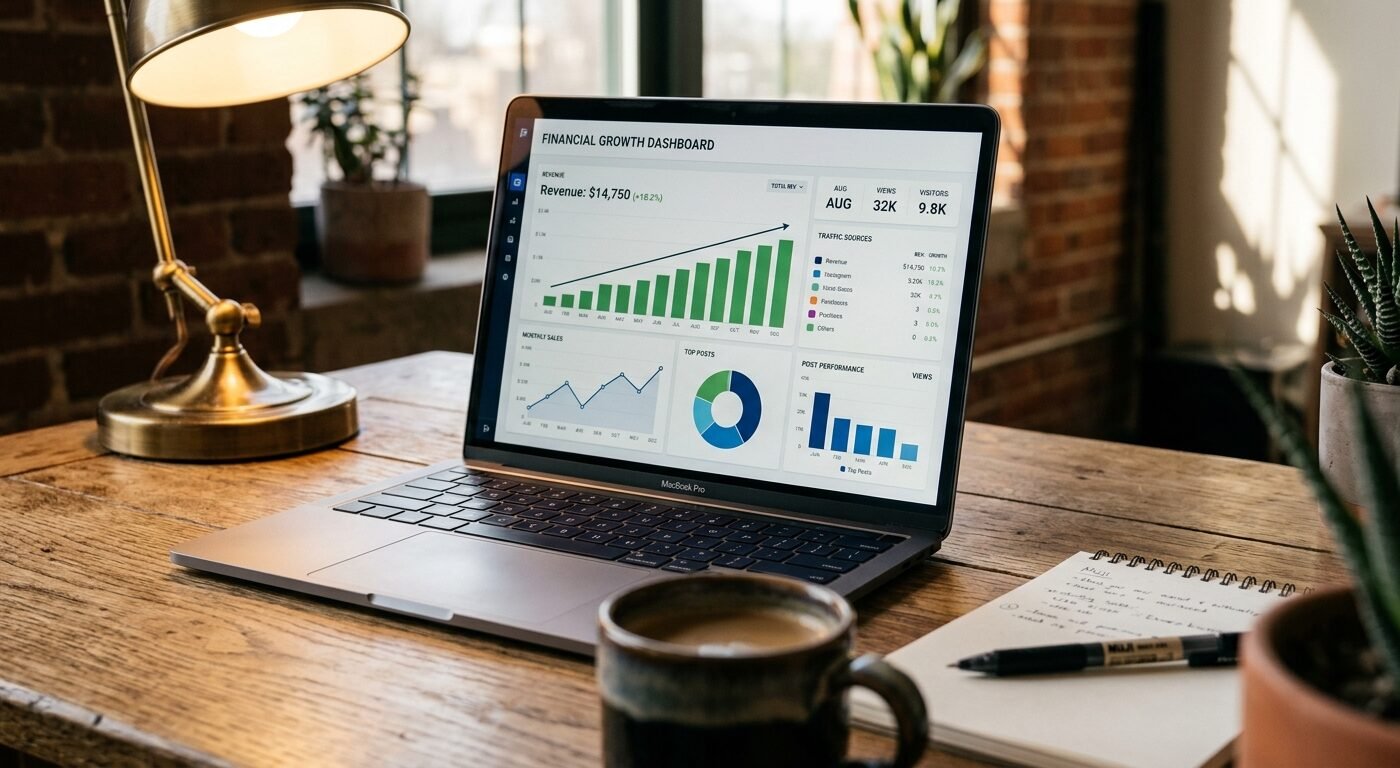 Photorealistic close-up of a laptop screen displaying a financial blog dashboard with rising revenue graphs and analytic