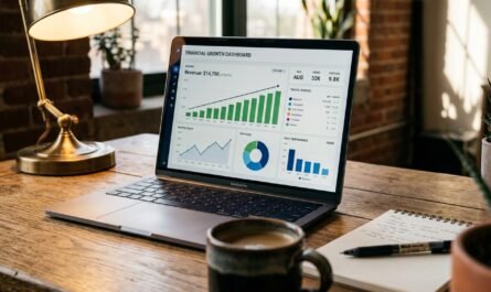 Photorealistic close-up of a laptop screen displaying a financial blog dashboard with rising revenue graphs and analytic