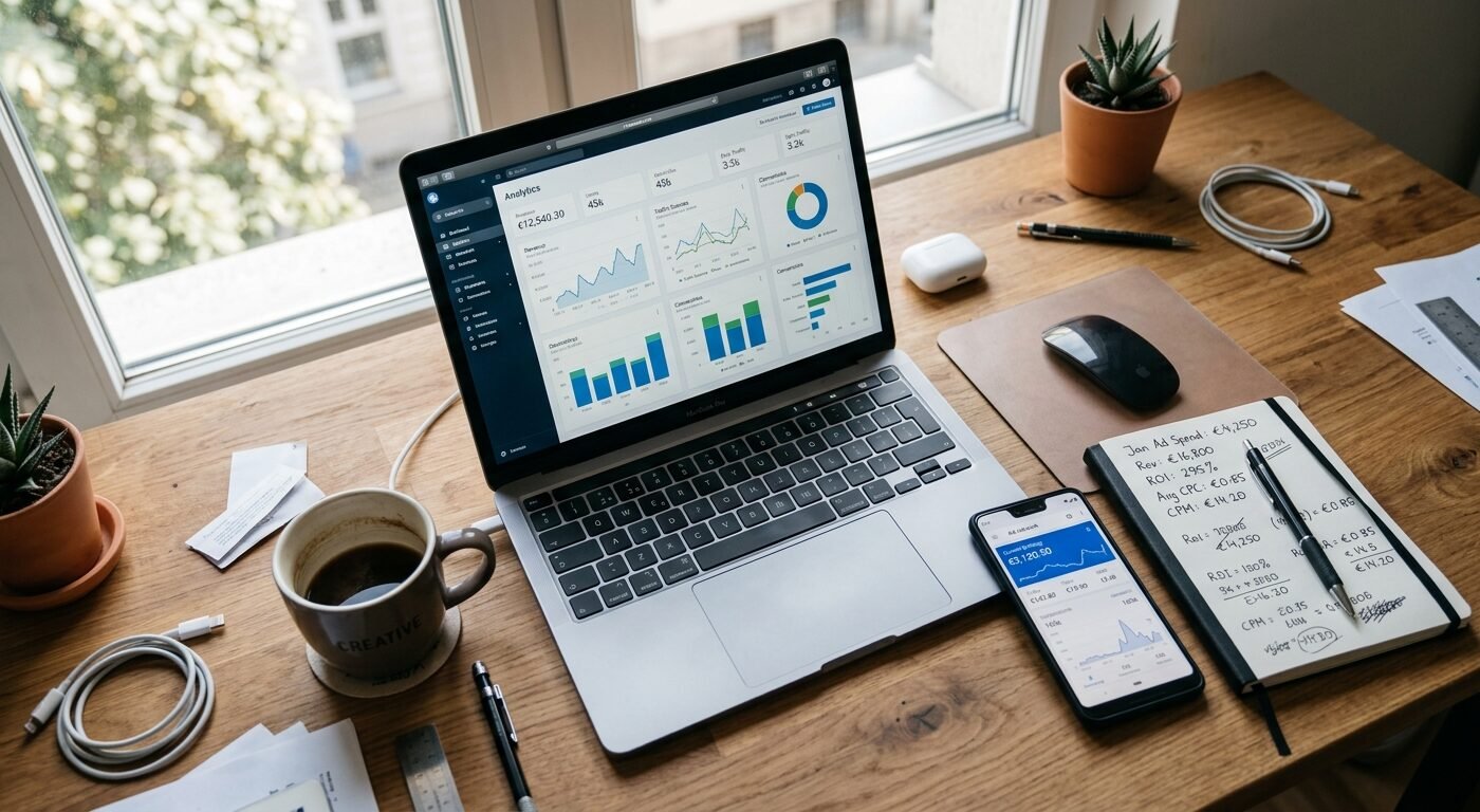 Photorealistic overhead view of a modern workspace desk with a laptop displaying analytics dashboard with revenue graphs