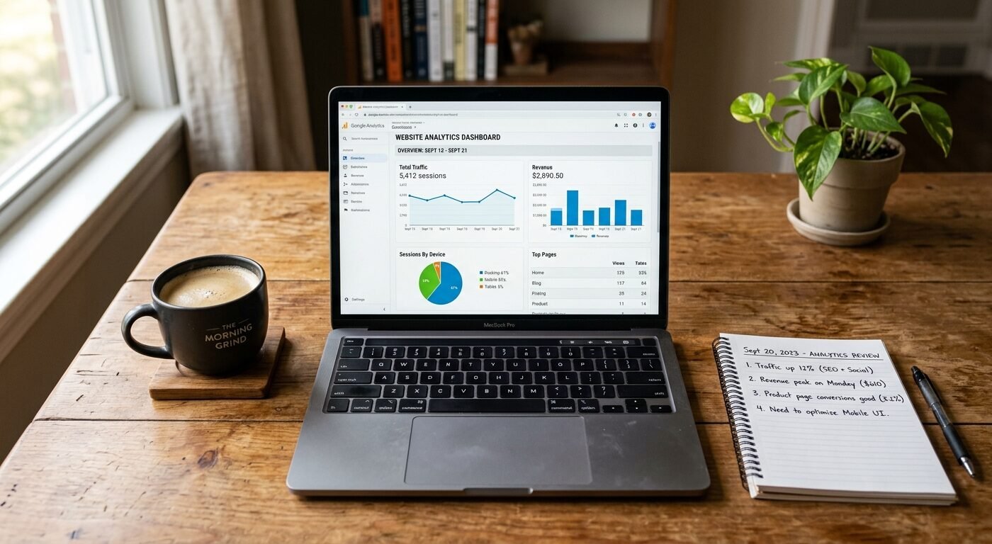 Photorealistic overhead view of a laptop on a wooden desk displaying website analytics dashboard with traffic graphs and