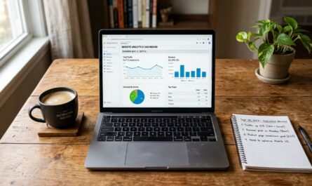Photorealistic overhead view of a laptop on a wooden desk displaying website analytics dashboard with traffic graphs and