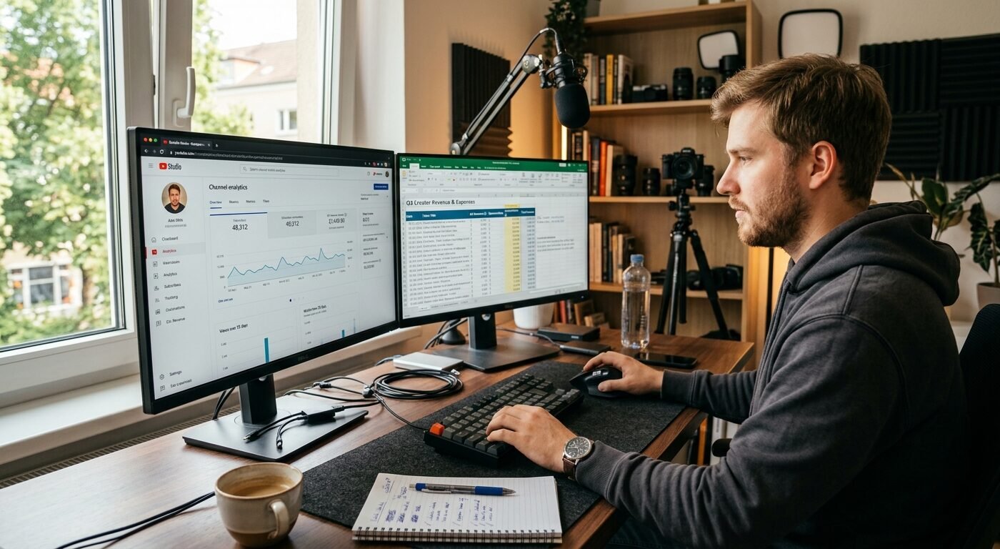 A content creator sitting at a desk with dual monitors, one showing YouTube Studio analytics dashboard with real graphs