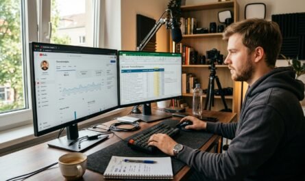 A content creator sitting at a desk with dual monitors, one showing YouTube Studio analytics dashboard with real graphs