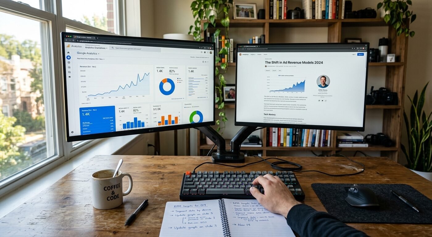 Photorealistic wide shot of a modern home office desk setup with dual monitors displaying technology website analytics d