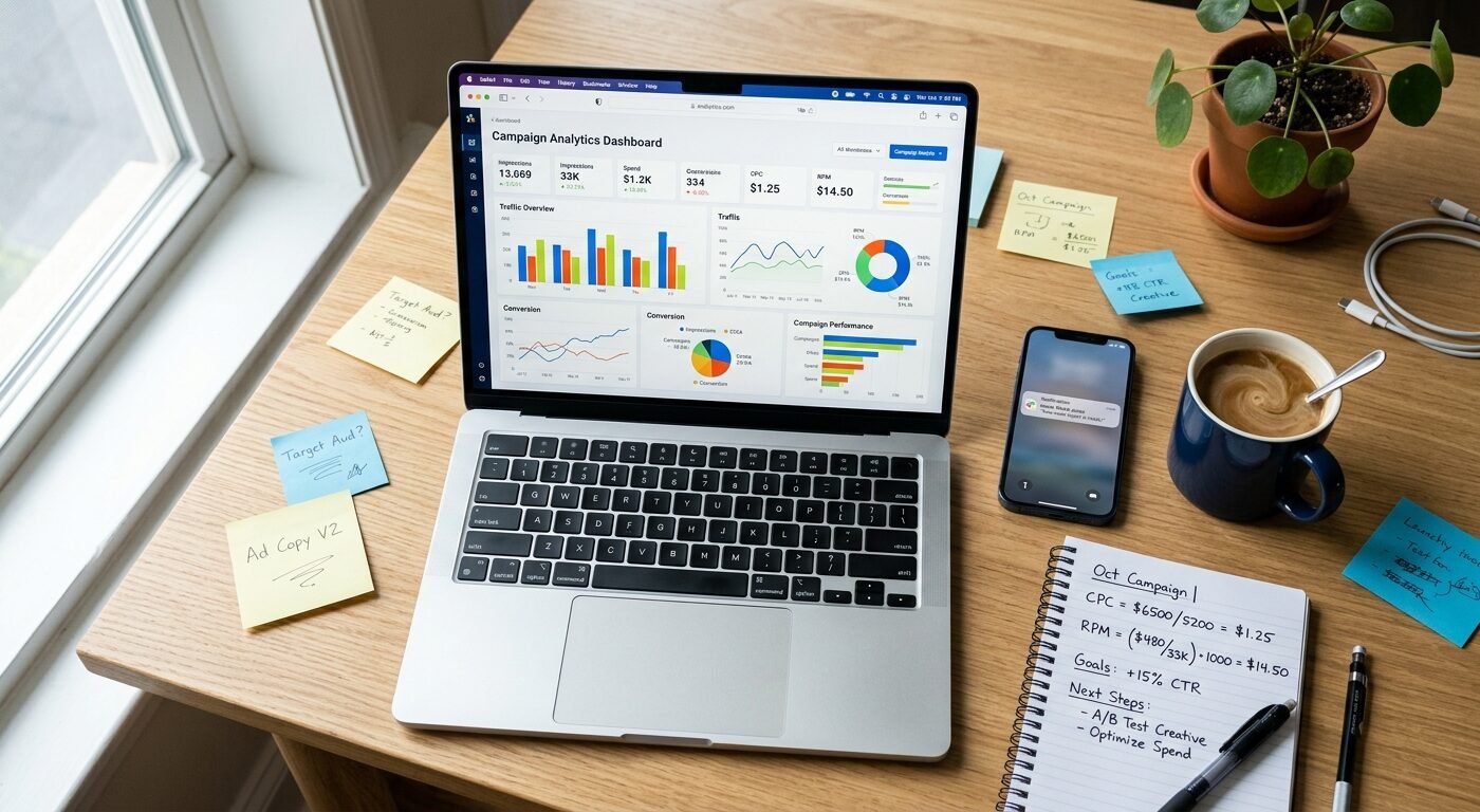 Photorealistic overhead shot of a modern workspace with a laptop displaying analytics dashboard with colorful traffic gr