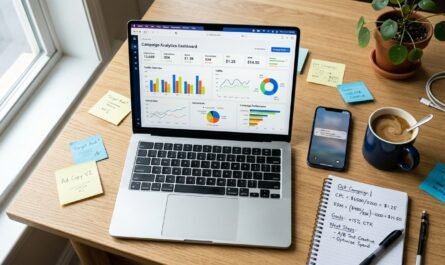 Photorealistic overhead shot of a modern workspace with a laptop displaying analytics dashboard with colorful traffic gr