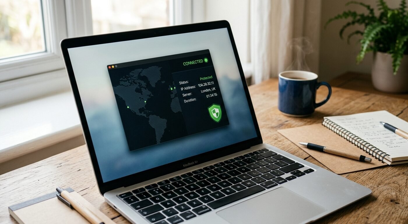 Photorealistic image of a laptop screen displaying a VPN connection interface with a subtle green "connected" indicator,