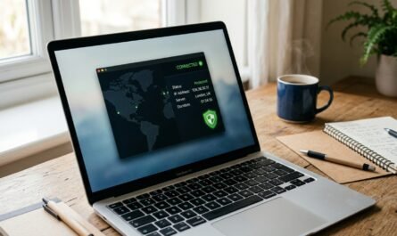 Photorealistic image of a laptop screen displaying a VPN connection interface with a subtle green "connected" indicator,