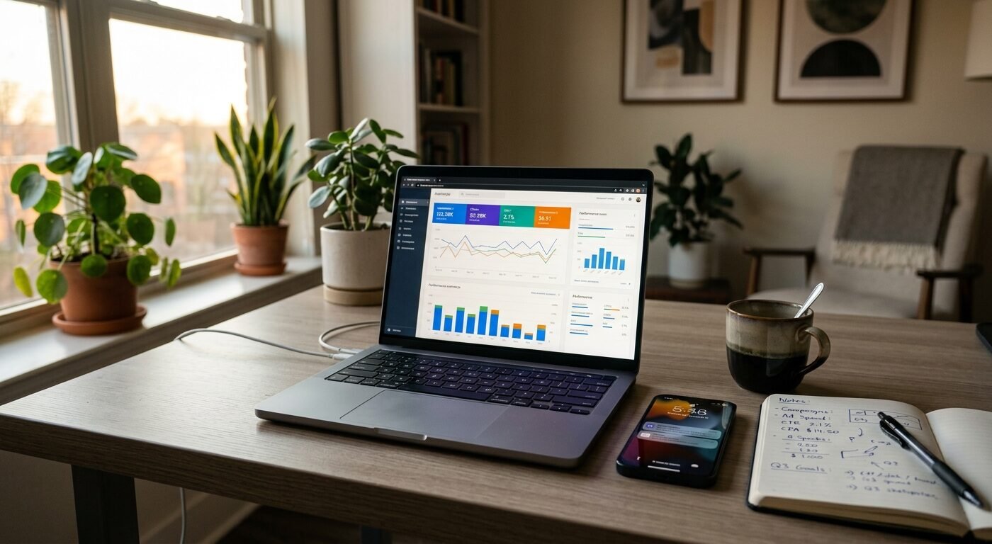 Photorealistic wide shot of a modern home office desk at golden hour, natural window light from the left, MacBook Pro la