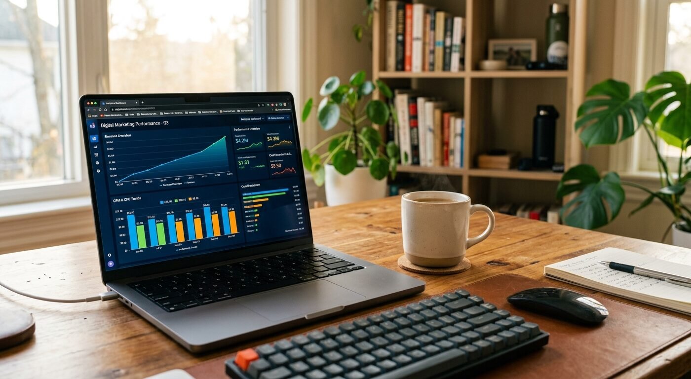 Photorealistic desktop workspace showing a laptop displaying detailed analytics dashboard with CPM graphs and revenue ch
