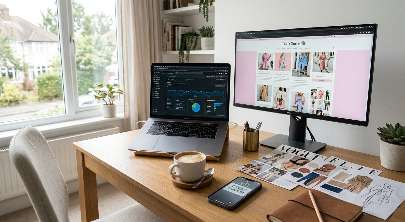 Photorealistic wide-angle photograph of a modern minimalist home office desk setup with an open laptop displaying websit