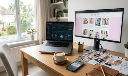 Photorealistic wide-angle photograph of a modern minimalist home office desk setup with an open laptop displaying websit