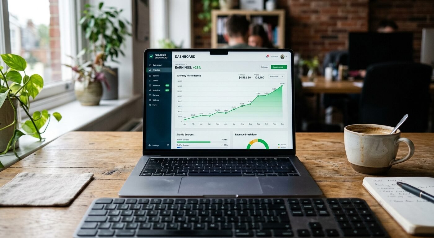 Photorealistic close-up of a laptop screen displaying a publisher dashboard with earnings graph trending upward, sitting