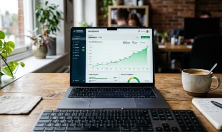 Photorealistic close-up of a laptop screen displaying a publisher dashboard with earnings graph trending upward, sitting
