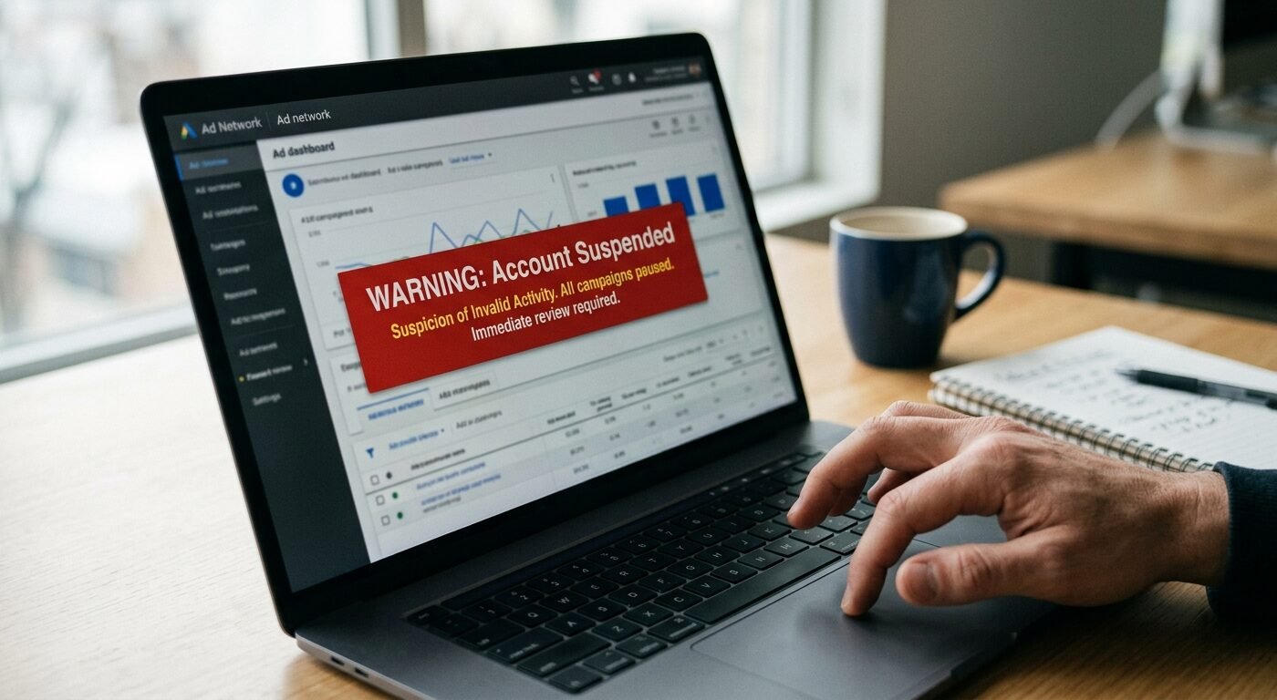 Photorealistic close-up of a computer screen displaying an ad network dashboard with a red suspension warning banner, sh