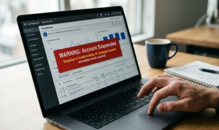 Photorealistic close-up of a computer screen displaying an ad network dashboard with a red suspension warning banner, sh