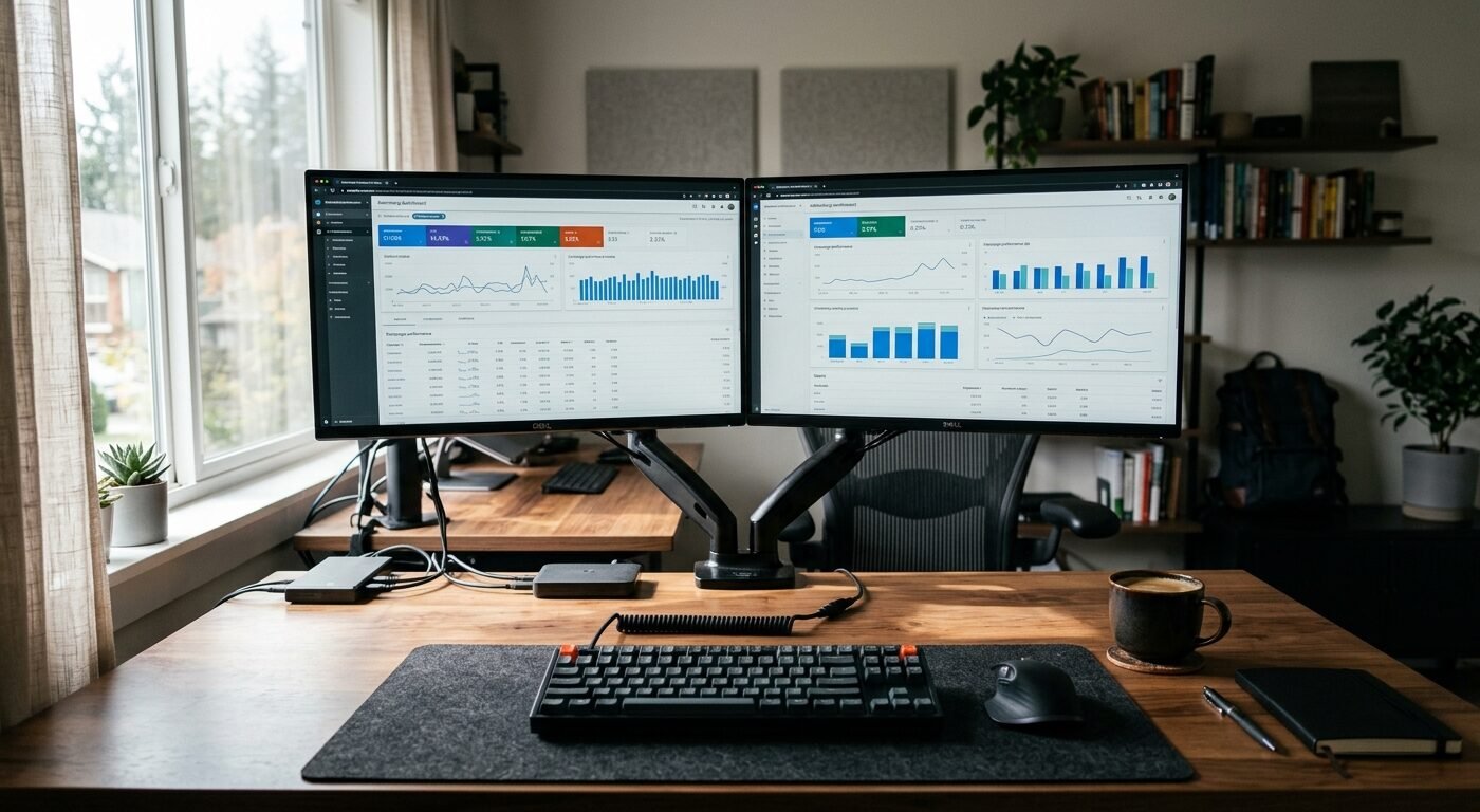 Photorealistic wide-angle shot of a modern workspace desk with dual monitors displaying advertising dashboard analytics