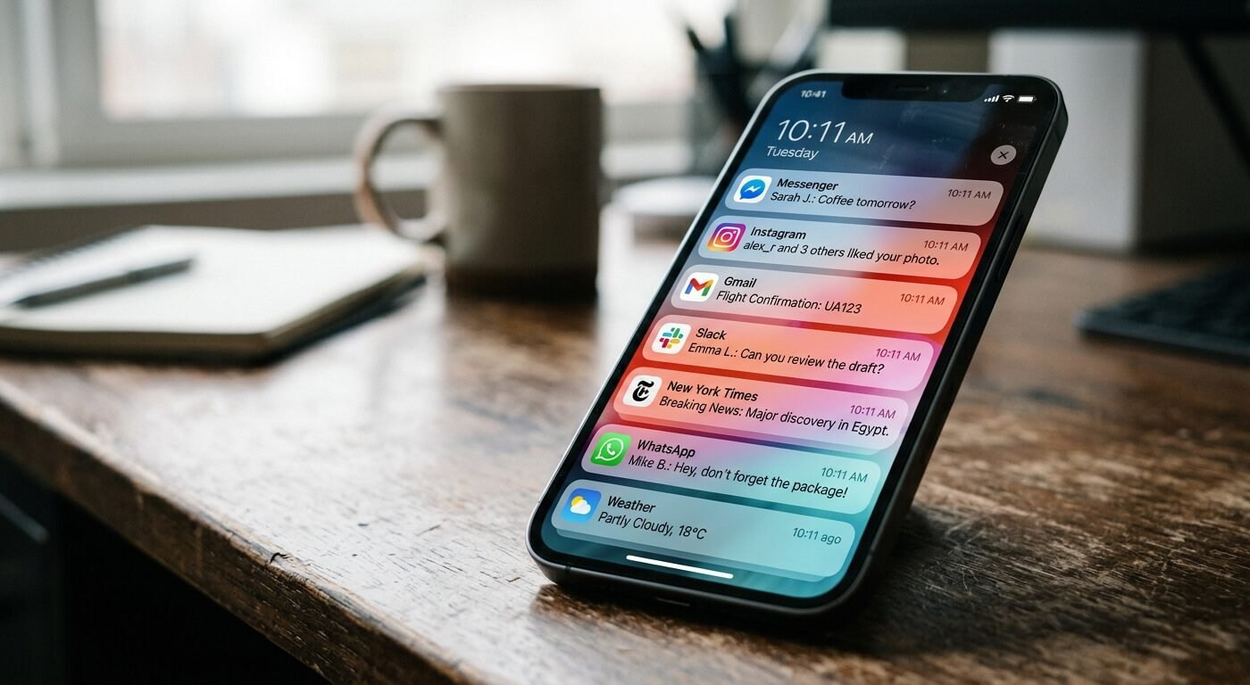 Close-up photograph of a modern smartphone screen displaying multiple push notifications stacked vertically, shot from a